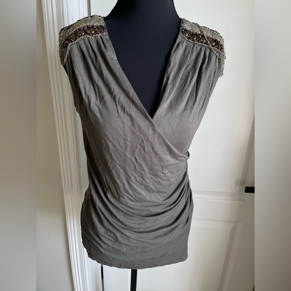 Vintage Wilster Green Sleeveless Wrap Blouse Ruched Beaded Shoulder Size Small